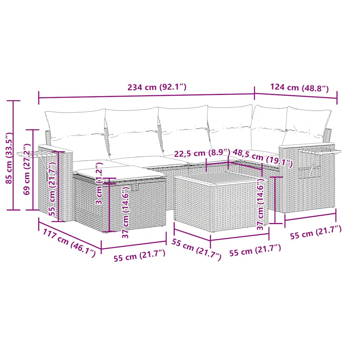 Diagramm eines grauen Korbmöbel-Ecksofas und Tisches mit Maßen, weißer Hintergrund.