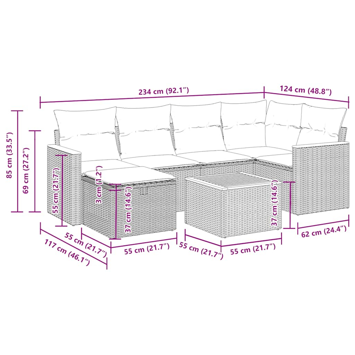 Diagramm eines Ecksofas mit Maßen in cm und Zoll. Das Sofa ist braun.