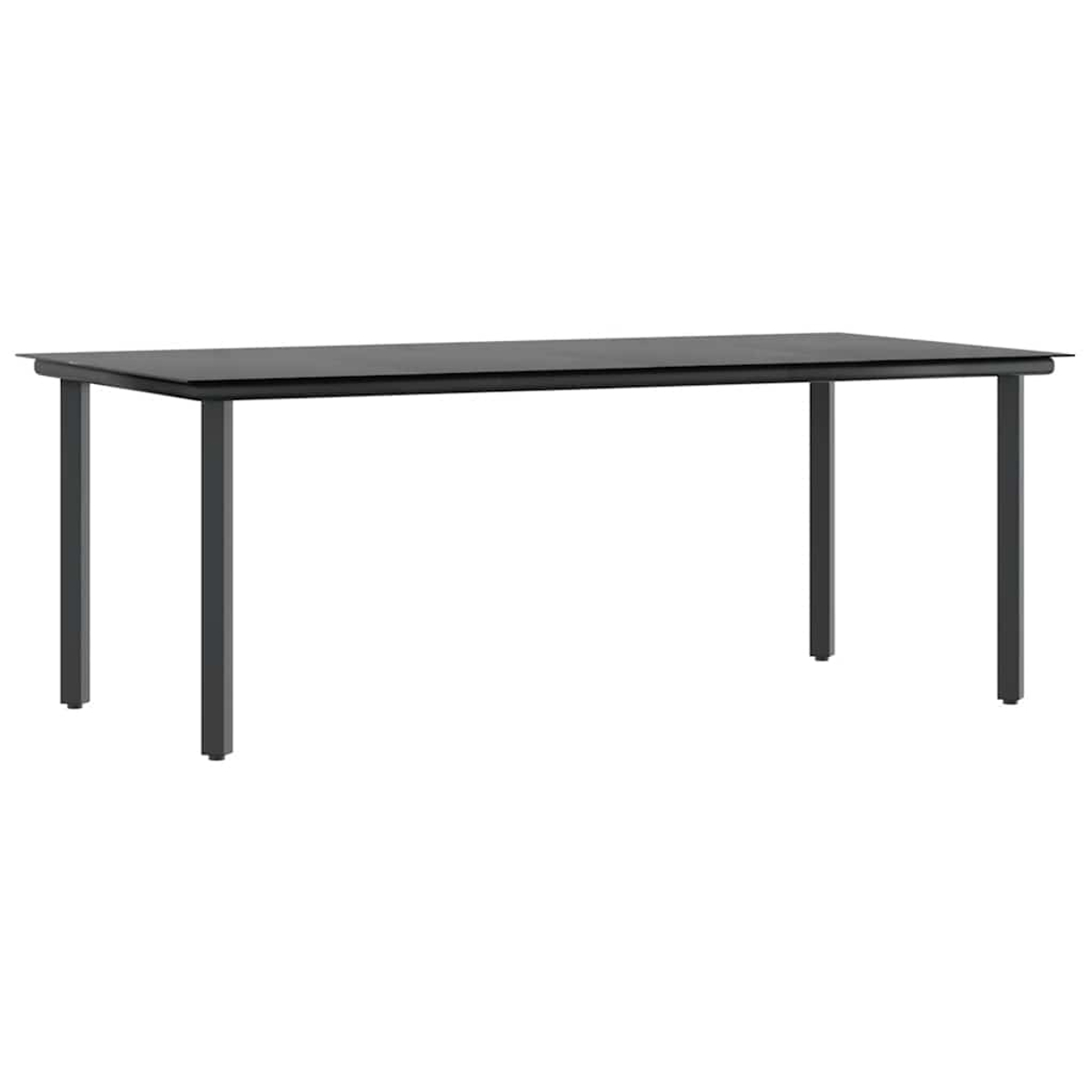 Ein langer schwarzer Tisch mit vier Beinen. Der Tisch ist einfach und hat ein modernes Design.