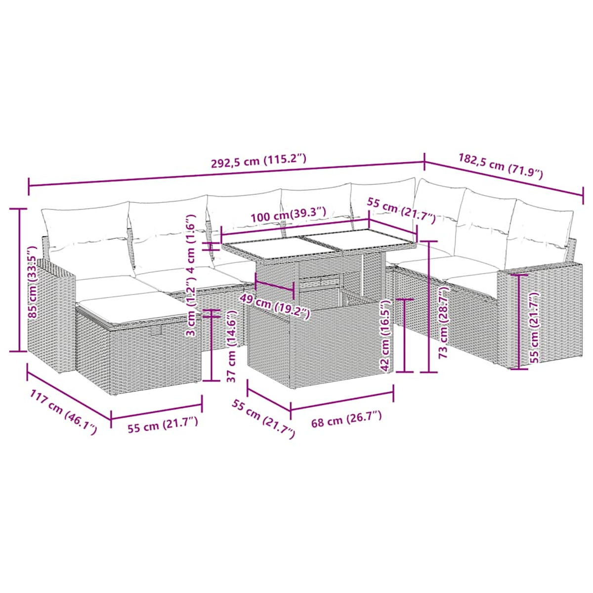 Diagramm mit Abmessungen eines grauen Outdoor-Ecksofas aus Korbgeflecht und einem Tisch.