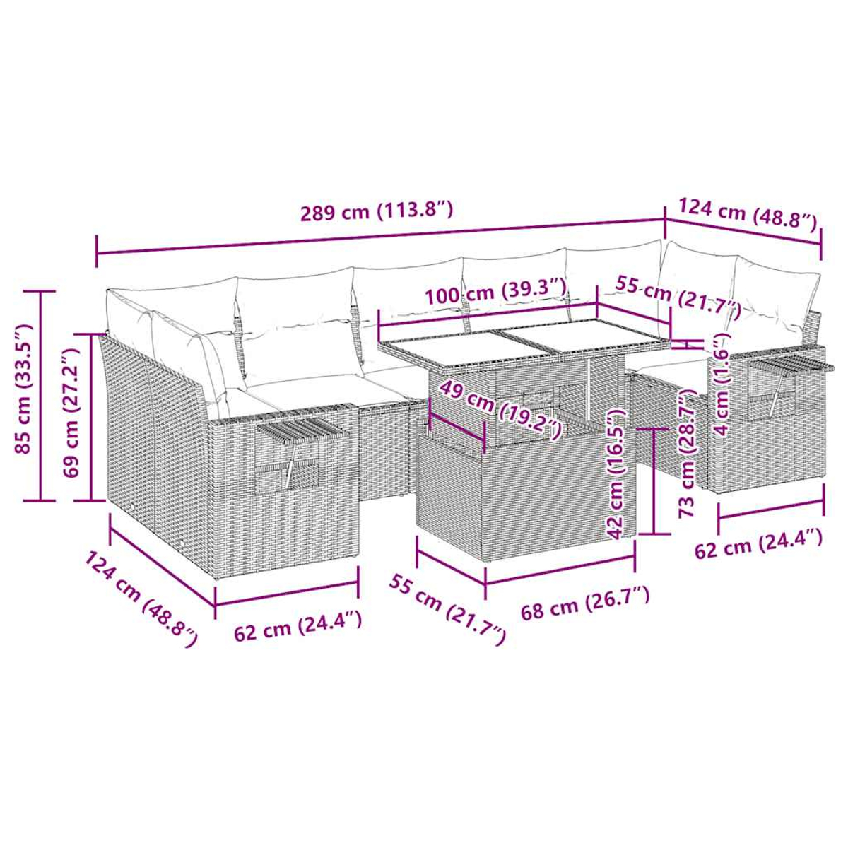 Diagramm mit Abmessungen eines grauen Outdoor-Ecksofas aus Korbgeflecht und eines Tisches.