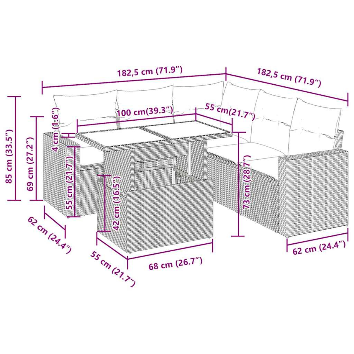 Diagramm mit Abmessungen eines grauen Outdoor-Ecksofas aus Korbgeflecht und eines Tisches.