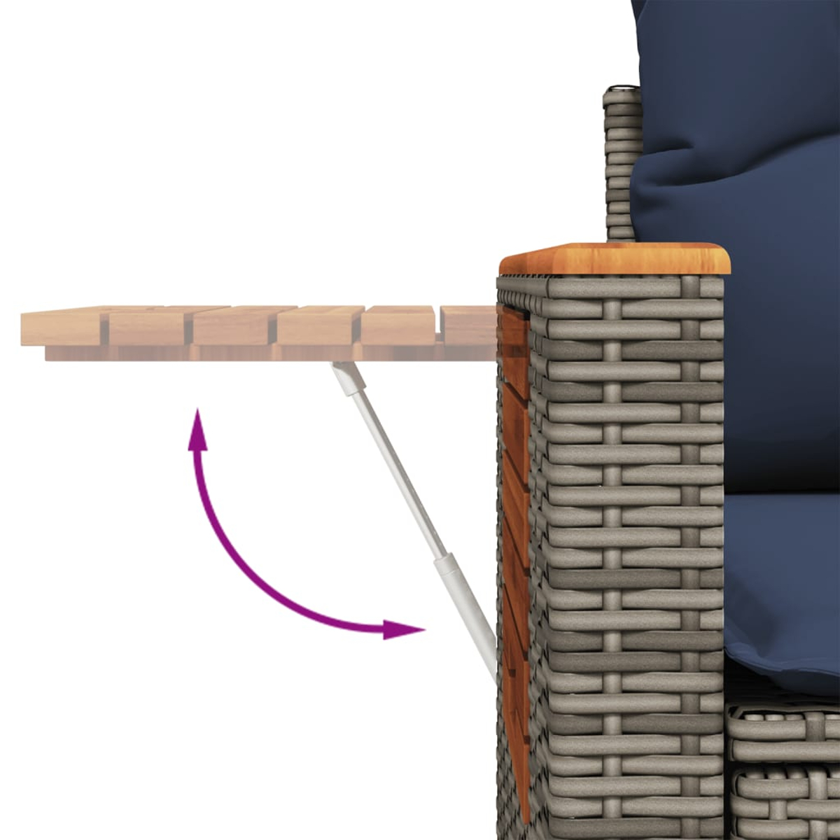 Nahaufnahme zeigt einen aus einem Sofa herausragenden Beistelltisch. Der Mechanismus ist sichtbar.