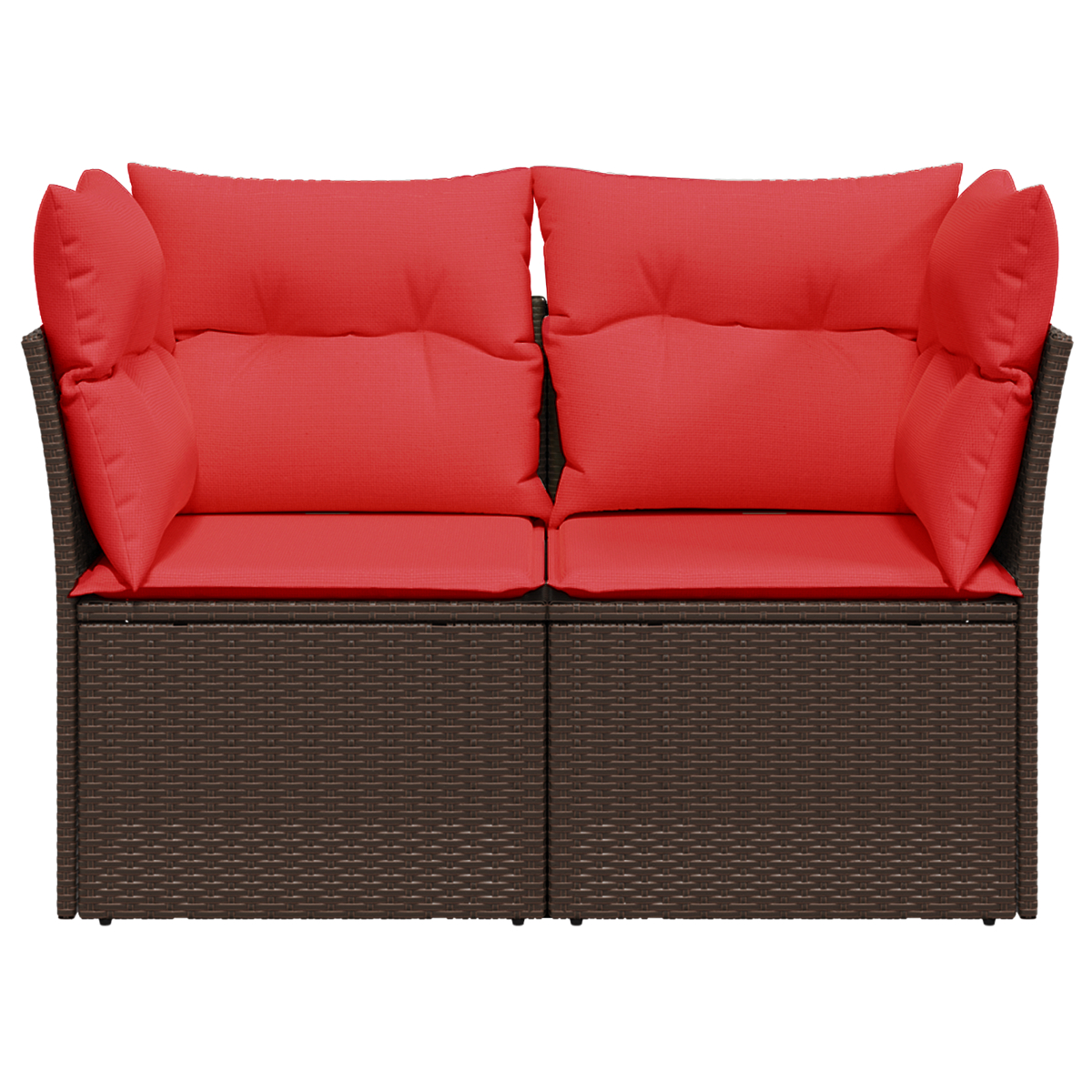 Ein Zwei-Sitzer-Outdoor-Sofa mit braunem Webrahmen und roten Kissen.