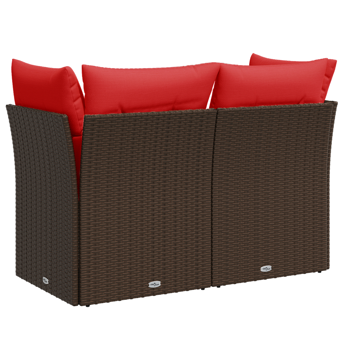Ein dunkelbraunes Korbsofa mit roten Kissen, von hinten betrachtet. Die Rückseite des Sofas ist sichtbar.