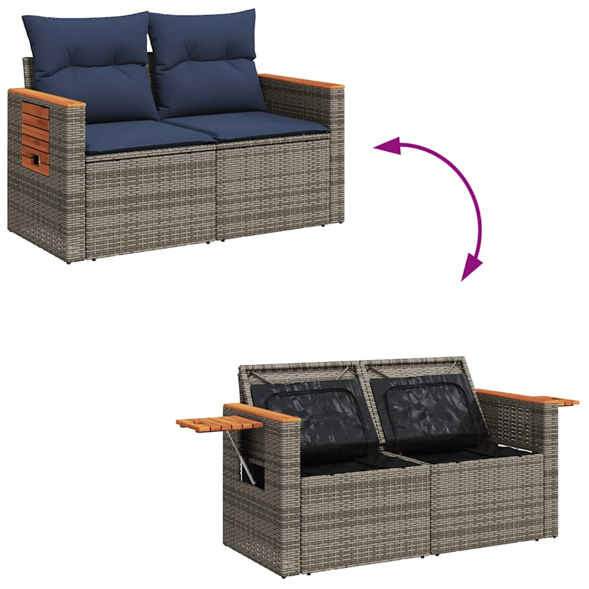 Zwei Outdoor-Korbsofas, eines zusammengebaut und eines zerlegt mit einem Pfeil, der die Transformation zeigt.
