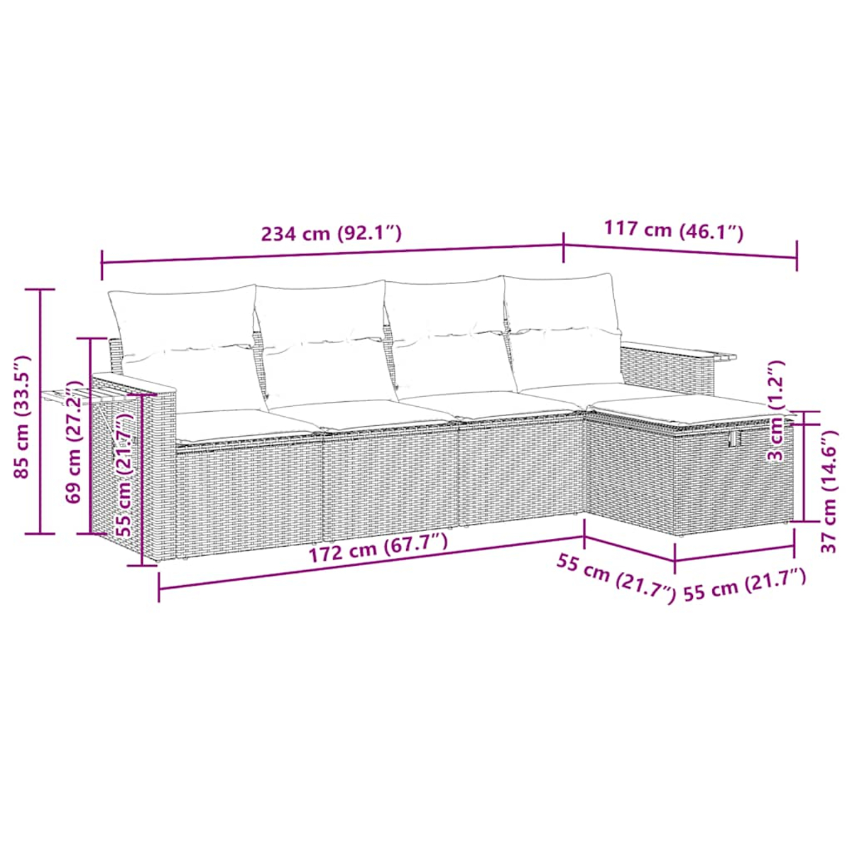 Diagramm eines Outdoor-Ecksofasets mit Abmessungen in Zentimetern und Zoll.