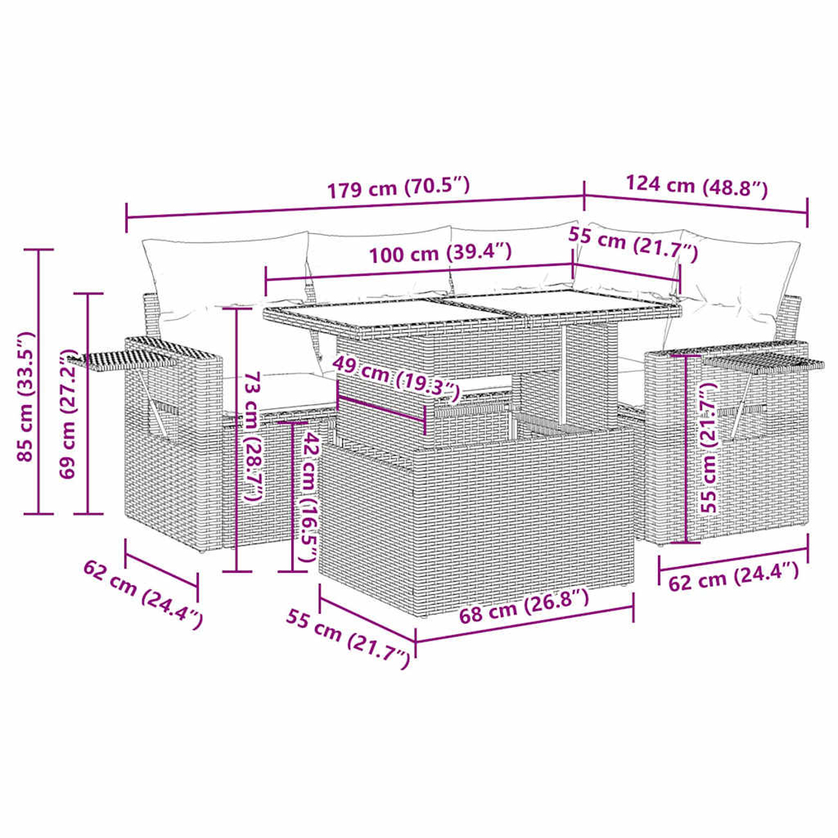 Ein Diagramm eines grauen Rattan-Ecksofas und -Tisches mit Abmessungen in Zentimetern und Zoll.