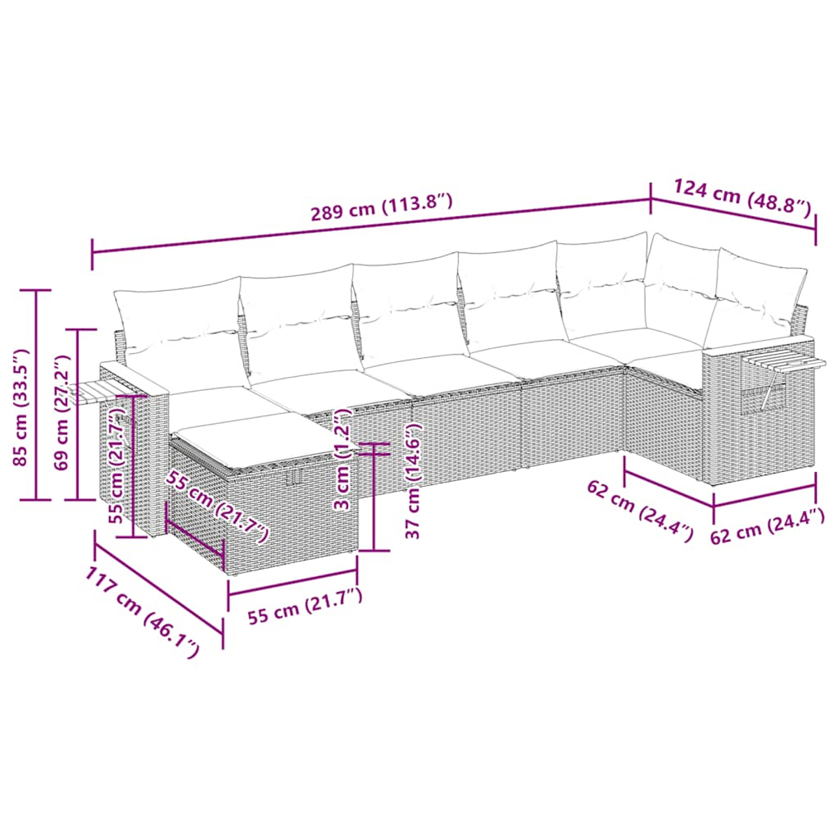 Diagramm eines U-förmigen grauen Rattan-Sofas mit Abmessungen in Zentimetern und Zoll.