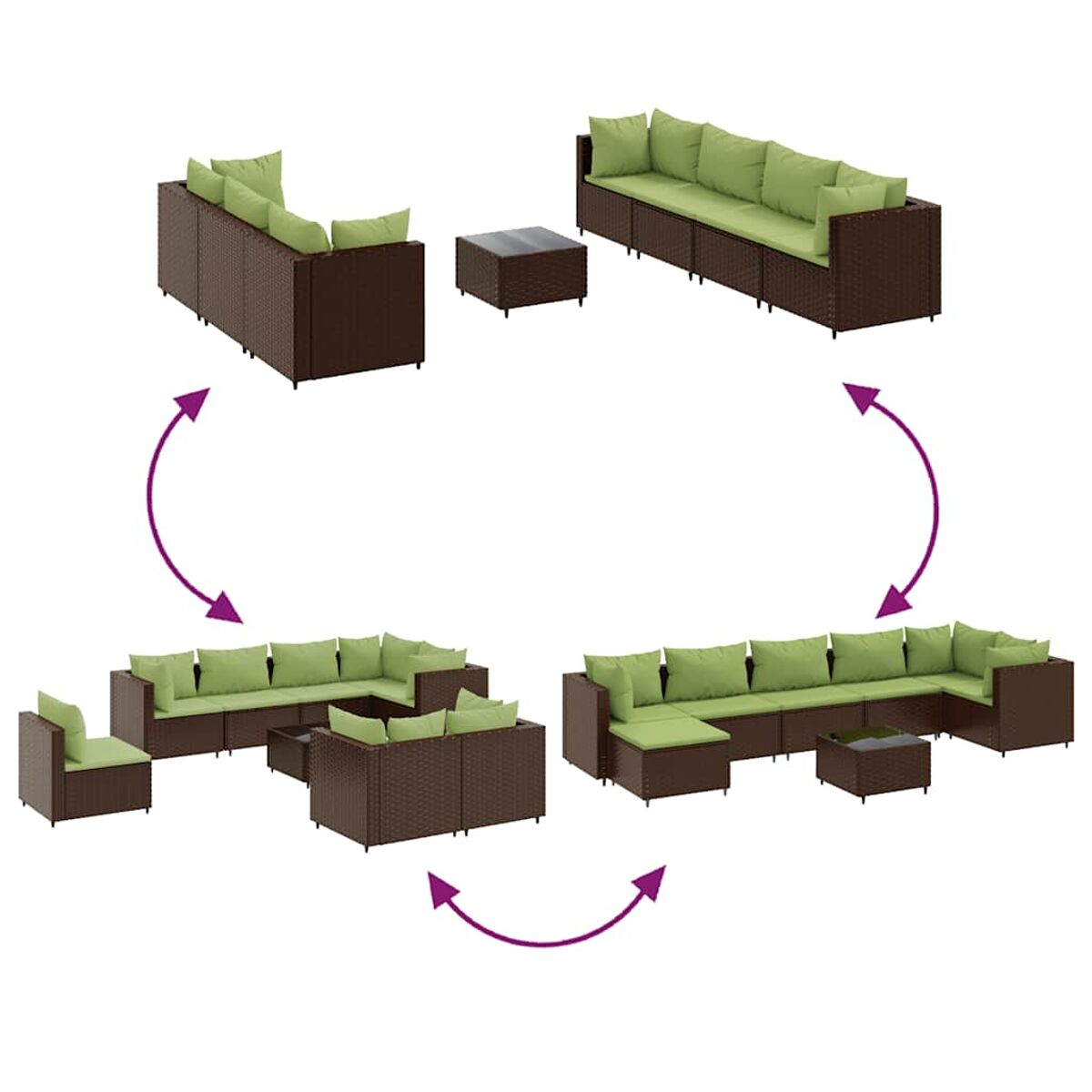 Diagramm eines Ecksofas und eines Couchtisches im Freien, das verschiedene Konfigurationen mit Pfeilen zeigt.