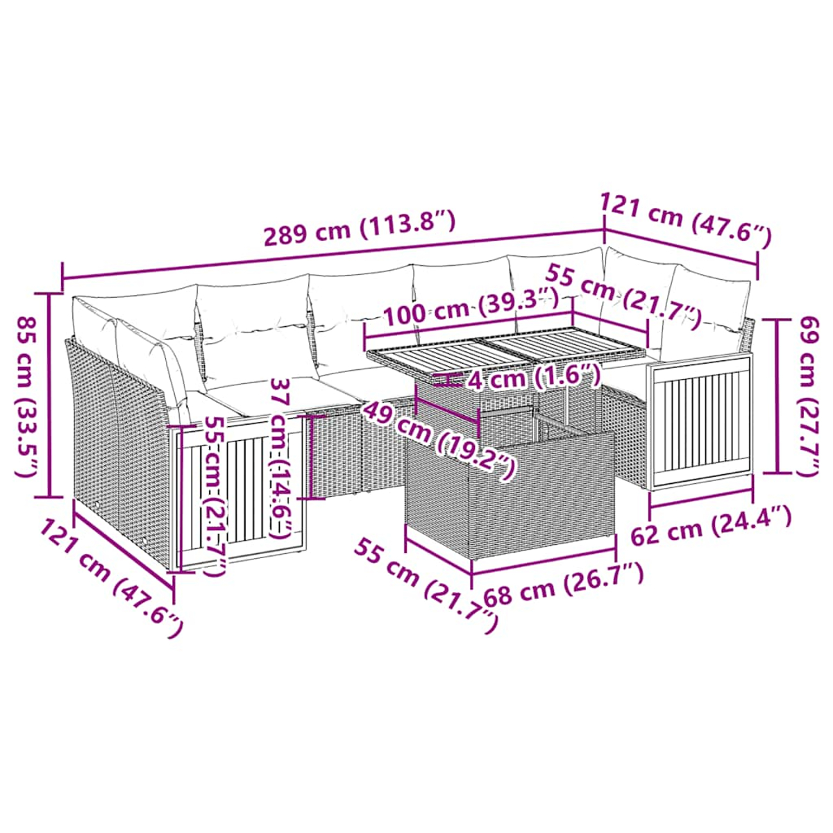 Diagramm mit bemasstem Outdoor-Möbelset. Zeigt ein Sofa, einen Tisch und Kissen.
