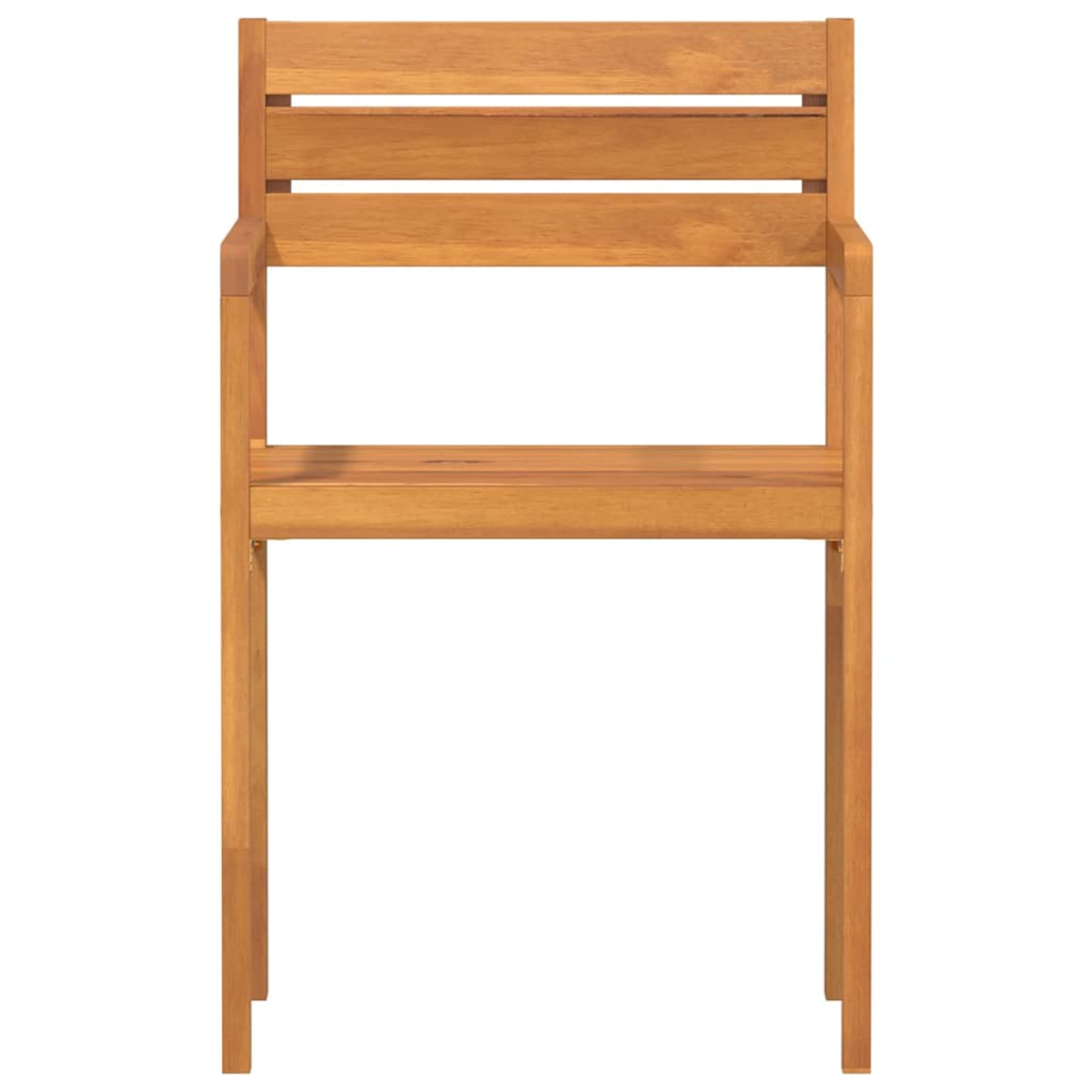 Holzstuhl mit horizontalen Rückenleisten auf weißem Hintergrund, Vorderansicht, mit Armlehnen.