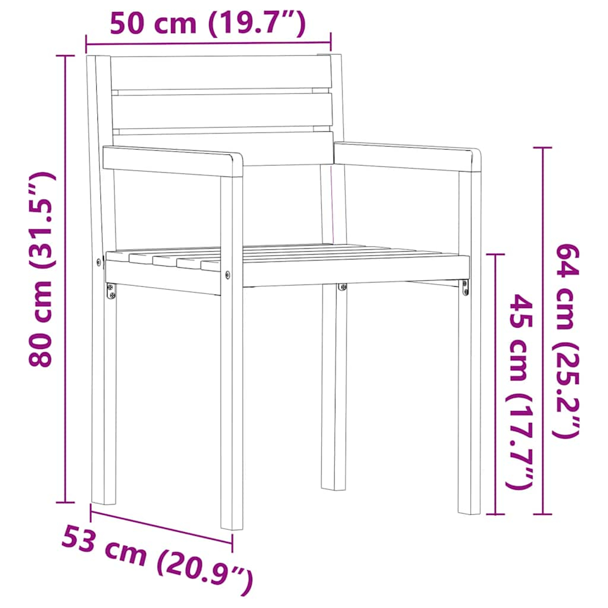 Diagramm eines Outdoor-Stuhls mit Abmessungen in Zentimetern und Zoll. Der Stuhl ist aus Holz.