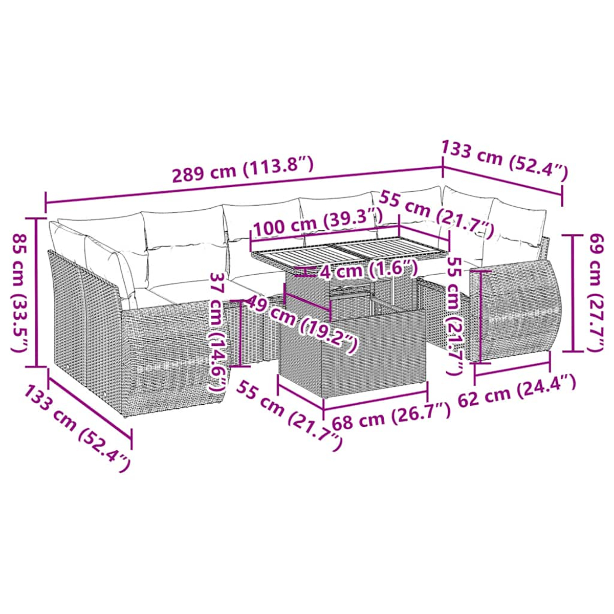 Diagramm eines Outdoor-Ecksofas mit Abmessungen, einschließlich Tisch, in Zentimetern und Zoll.