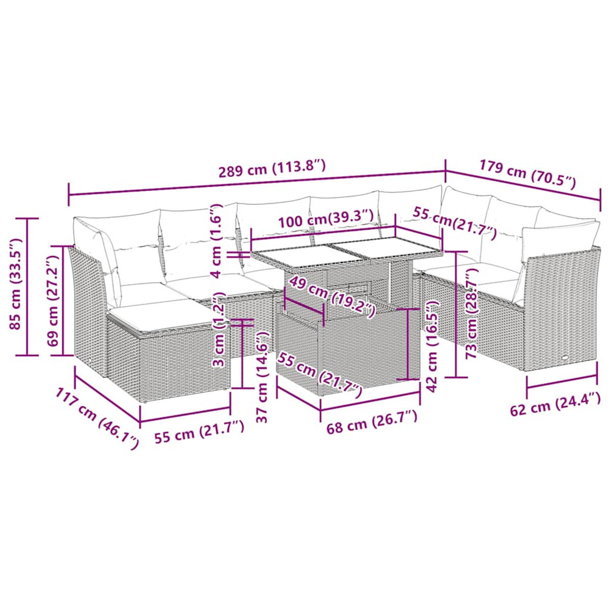 Ein Ecksofa und ein Couchtisch für den Außenbereich mit Maßen in Zentimetern. Das Sofa hat weiße Kissen.