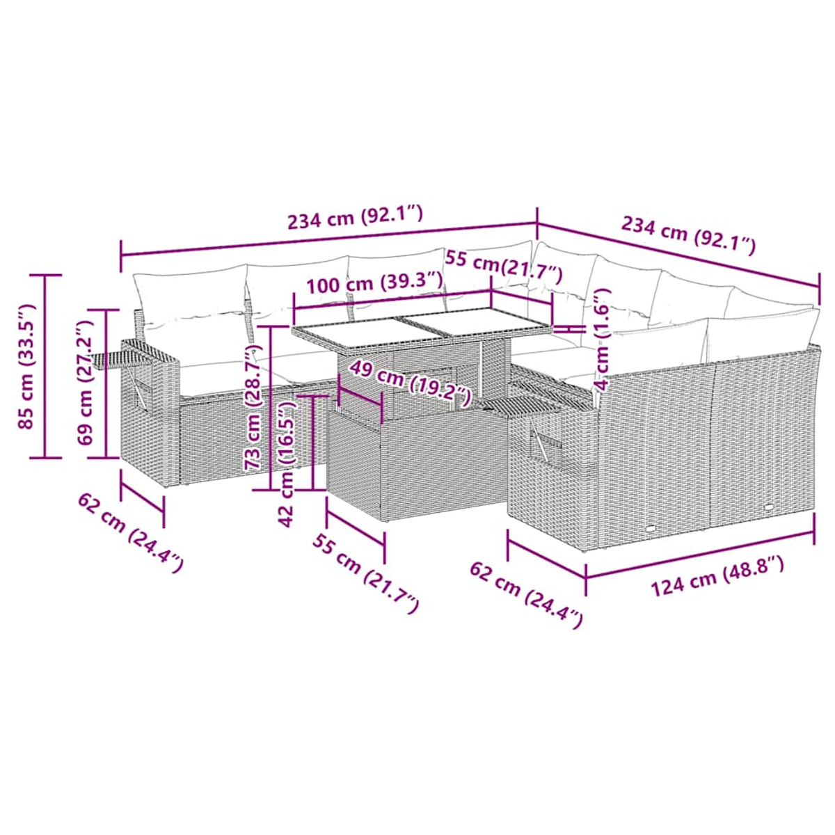 Diagramm mit Abmessungen eines Ecksofa-Sets für den Außenbereich, mit einem Tisch in der Mitte angeordnet.
