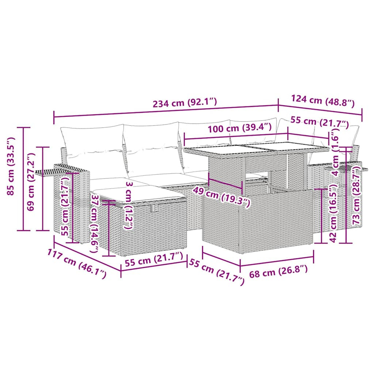 Outdoor-Geflechtmöbel-Set mit angegebenen Abmessungen. Enthält ein Sofa, einen Tisch und Stühle. Alle sind vermessen.
