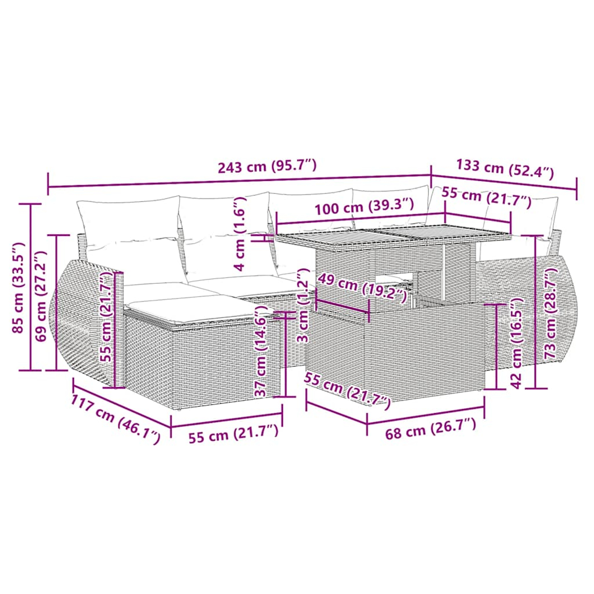 Ein Diagramm, das die Abmessungen eines Ecksofas im Freien mit Tisch zeigt.