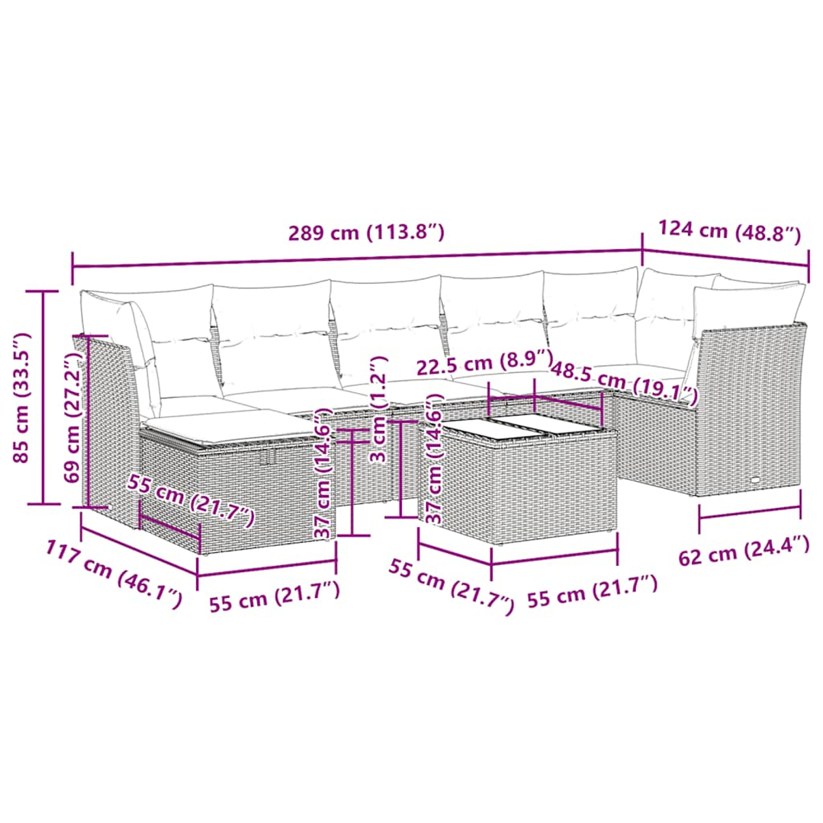 Gartenmöbel-Set mit Maßen. Es umfasst ein Sofa, einen Tisch und einen Stuhl mit weißen Kissen und braunen Rahmen.