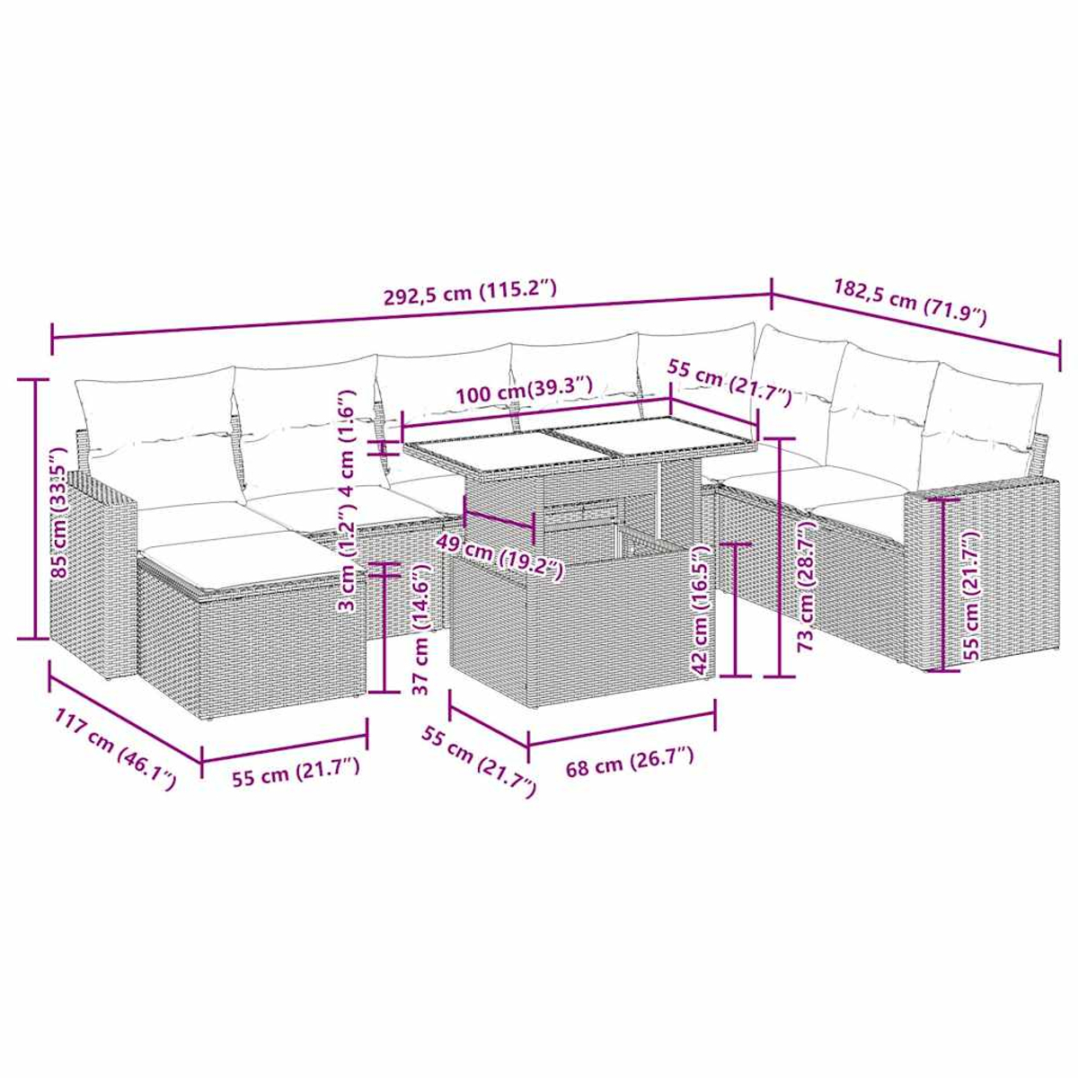Diagramm, das die Abmessungen eines Ecksofas und eines Couchtisches zeigt.