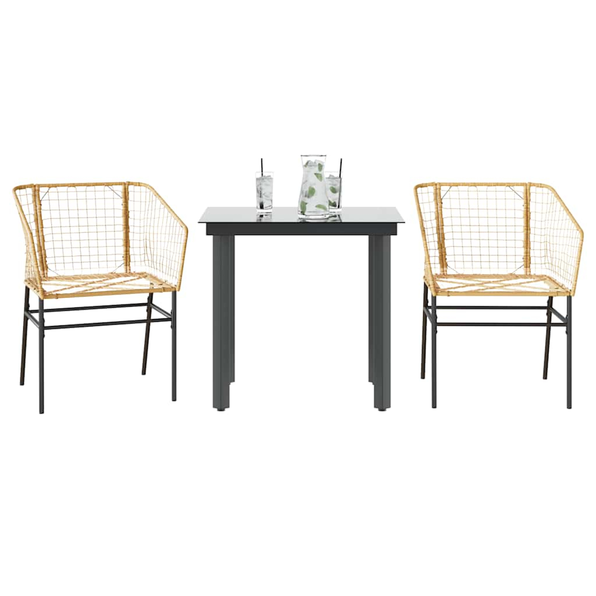 Ein kleines Ess-Set mit zwei Stühlen, einem Tisch und zwei Gläsern. Die Stühle sind drahtgerahmt.