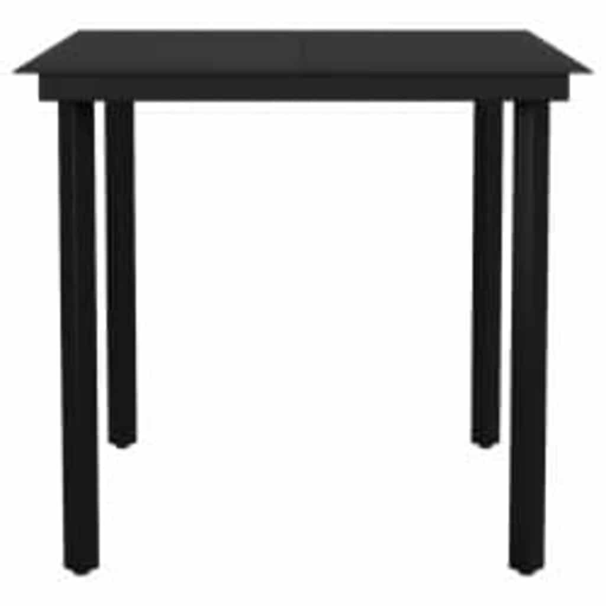 Ein schwarzer Tisch mit vier schwarzen Beinen. Quadratischer Tisch mit schwarzer Oberfläche.