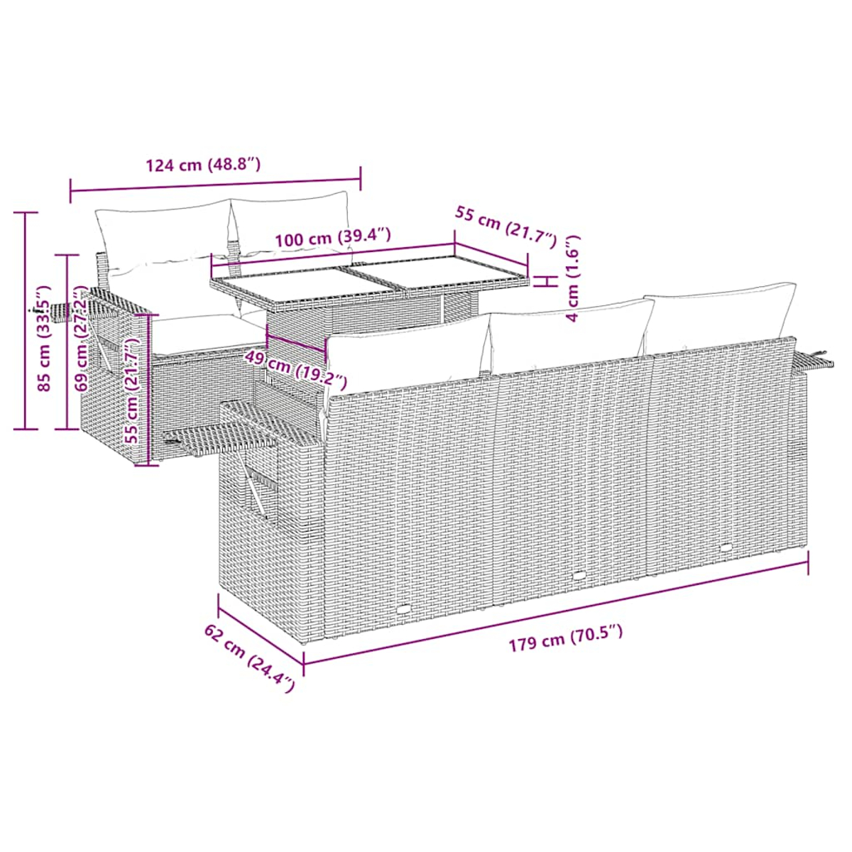 Diagramm eines grauen Rattan-Outdoor-Sofasets mit in Zentimetern angegebenen Maßen.