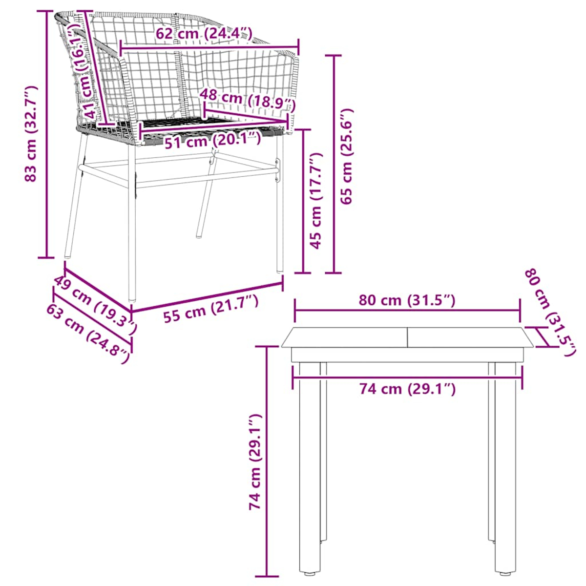 Ein Diagramm mit den Abmessungen eines Korbstuhls und -tisches mit Maßen.