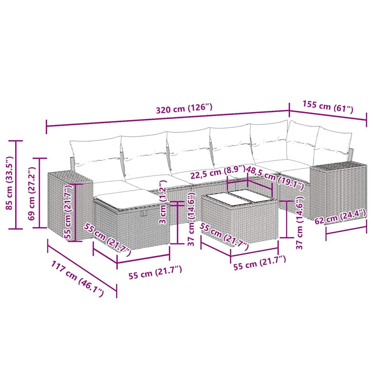 Ein Diagramm eines weißen Sofasets mit Abmessungen in Zentimetern und Zoll.