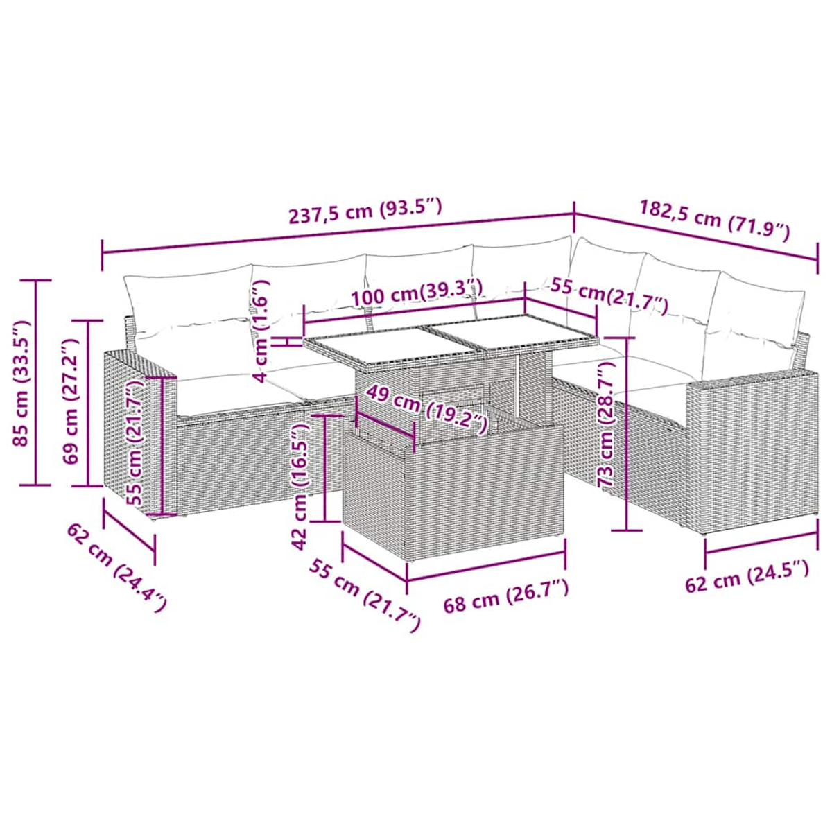 Ein Diagramm eines weißen Sofasets mit Abmessungen in Zentimetern und Zoll.