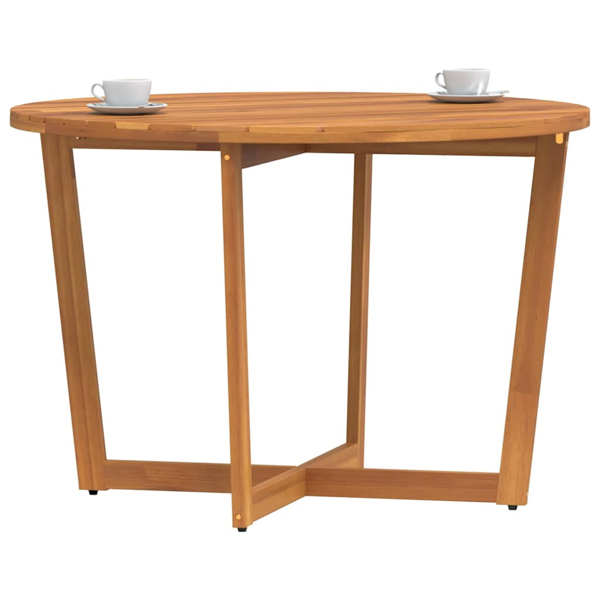 Ein runder Holztisch mit zwei Tassen. Drei Beine bilden ein kreuzförmiges Gestell.