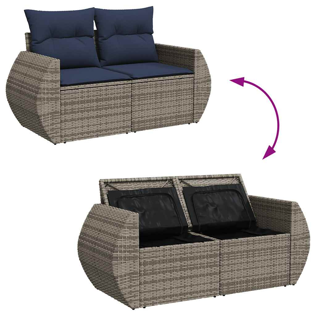 Ein zweisitziges Outdoor-Sofa. Eines zeigt die Kissen, das andere geöffnet zur Aufbewahrung.