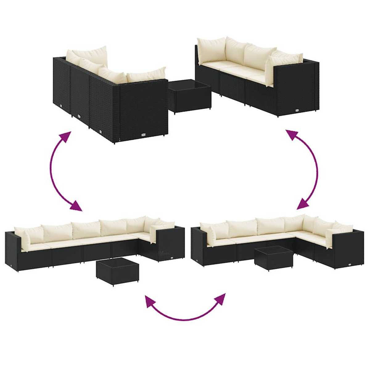 Ein Set aus schwarzen Outdoor-Sofas aus Korbgeflecht in verschiedenen Konfigurationen mit cremefarbenen Kissen.