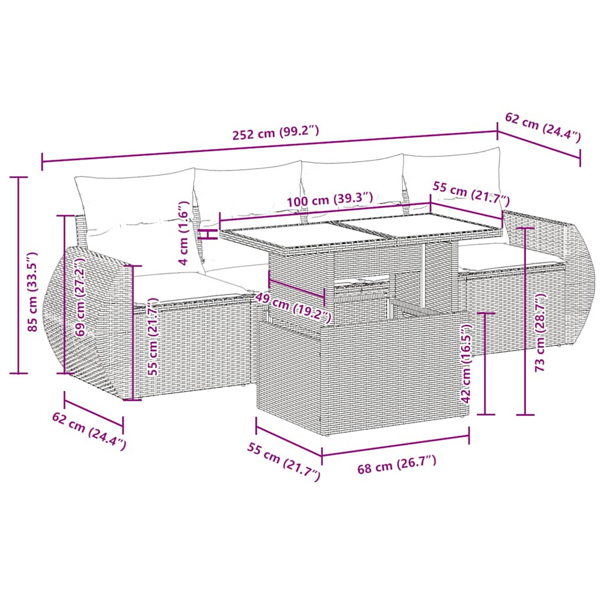 Anordnung von Gartenmöbeln mit Sofa, Tisch und Hocker. Abmessungen sind angegeben.