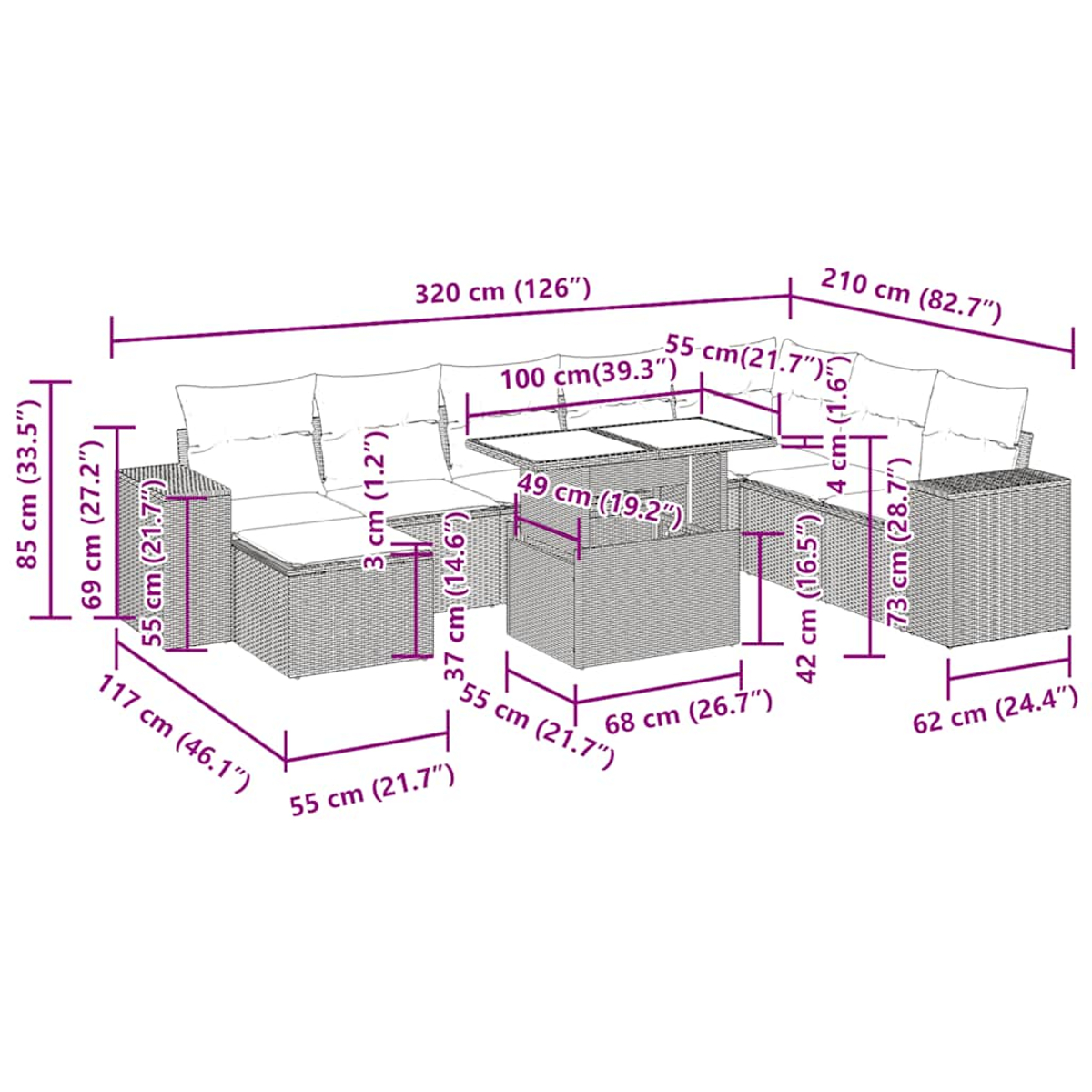 Diagramm mit den Abmessungen eines Outdoor-Sofasets, mit Maßen in Zentimetern und Zoll.