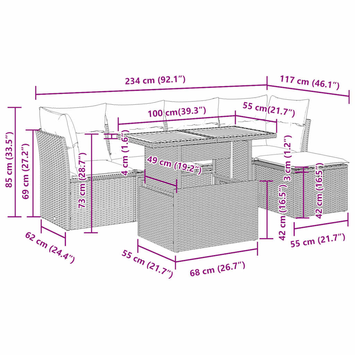 Anordnung von Gartenmöbeln mit Sofa, Tisch und Hocker. Abmessungen sind angegeben.