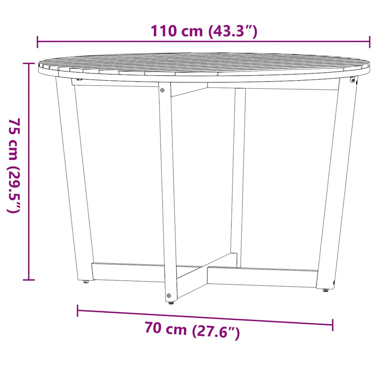 Ein runder Holztisch. Maße sind angegeben. Der Tisch hat ein kreuzförmiges Gestell.