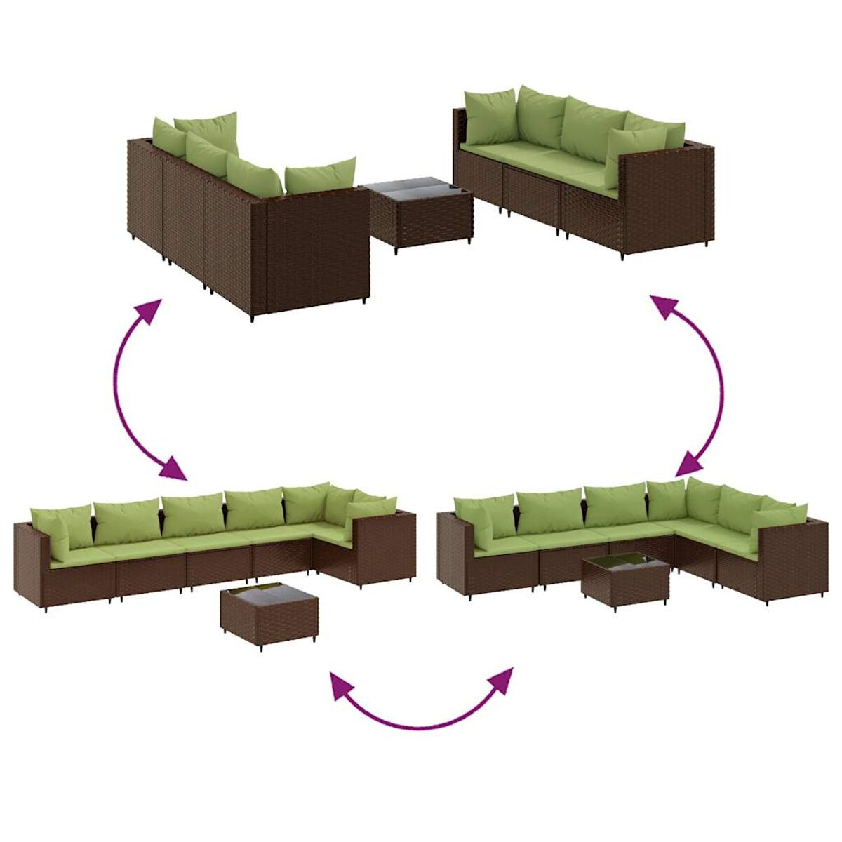 Un diagramma che mostra le diverse configurazioni di un divano componibile da esterno in vimini marrone con cuscini verdi.