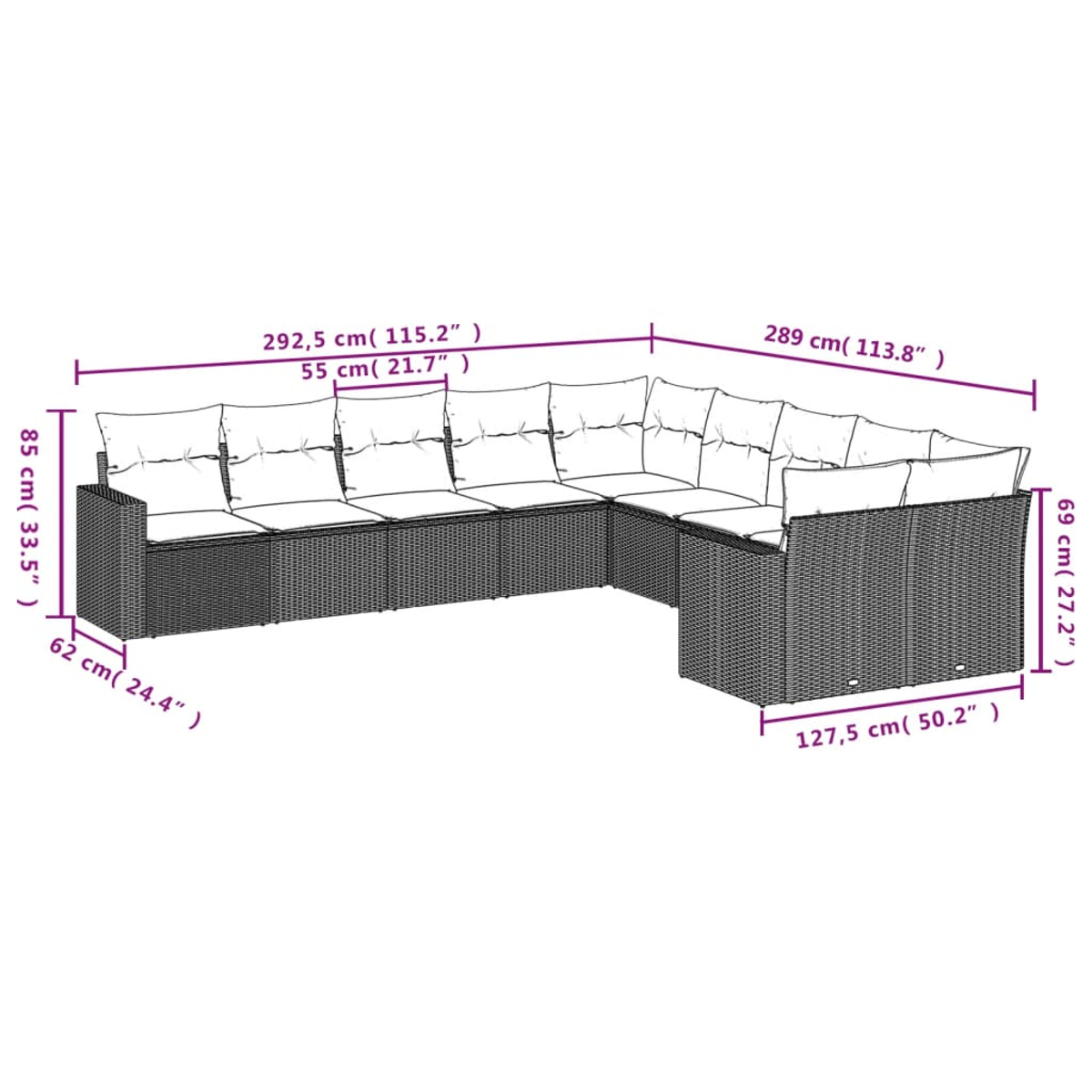 Ein L-förmiges Outdoor-Sofa mit Abmessungen. Weißer Hintergrund.