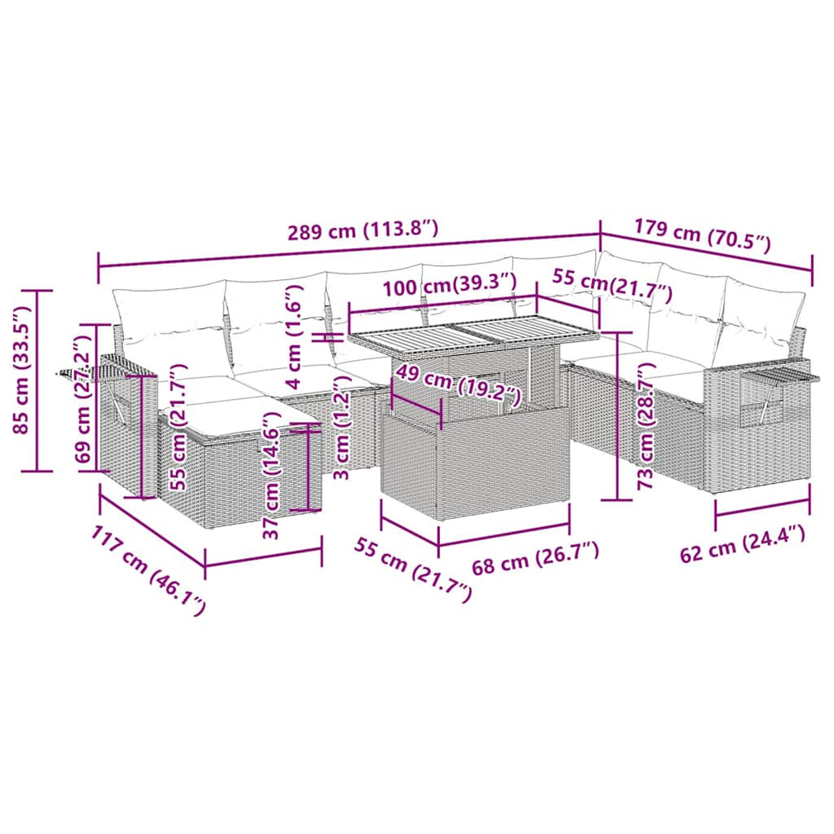 Ein Diagramm eines Ecksofas im Freien. Das Sofa besteht aus Korb, mit weißen Kissen. Maße sind angegeben.