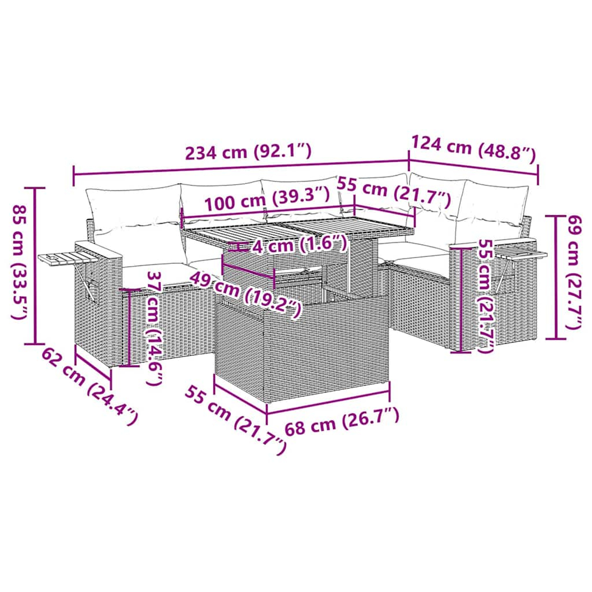 Ein Diagramm eines Ecksofas im Freien mit Maßen. Das Sofa besteht aus Korb, mit blauen Kissen.