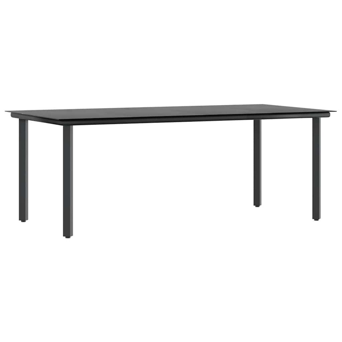 Rechteckiger Esstisch für den Außenbereich mit schwarzem Metallrahmen. Der Tisch hat eine Glasplatte.