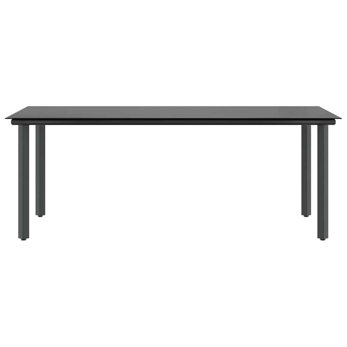 Rechteckiger Esstisch für den Außenbereich mit schwarzem Metallrahmen. Glastischplatte. Sauberes, modernes Design.