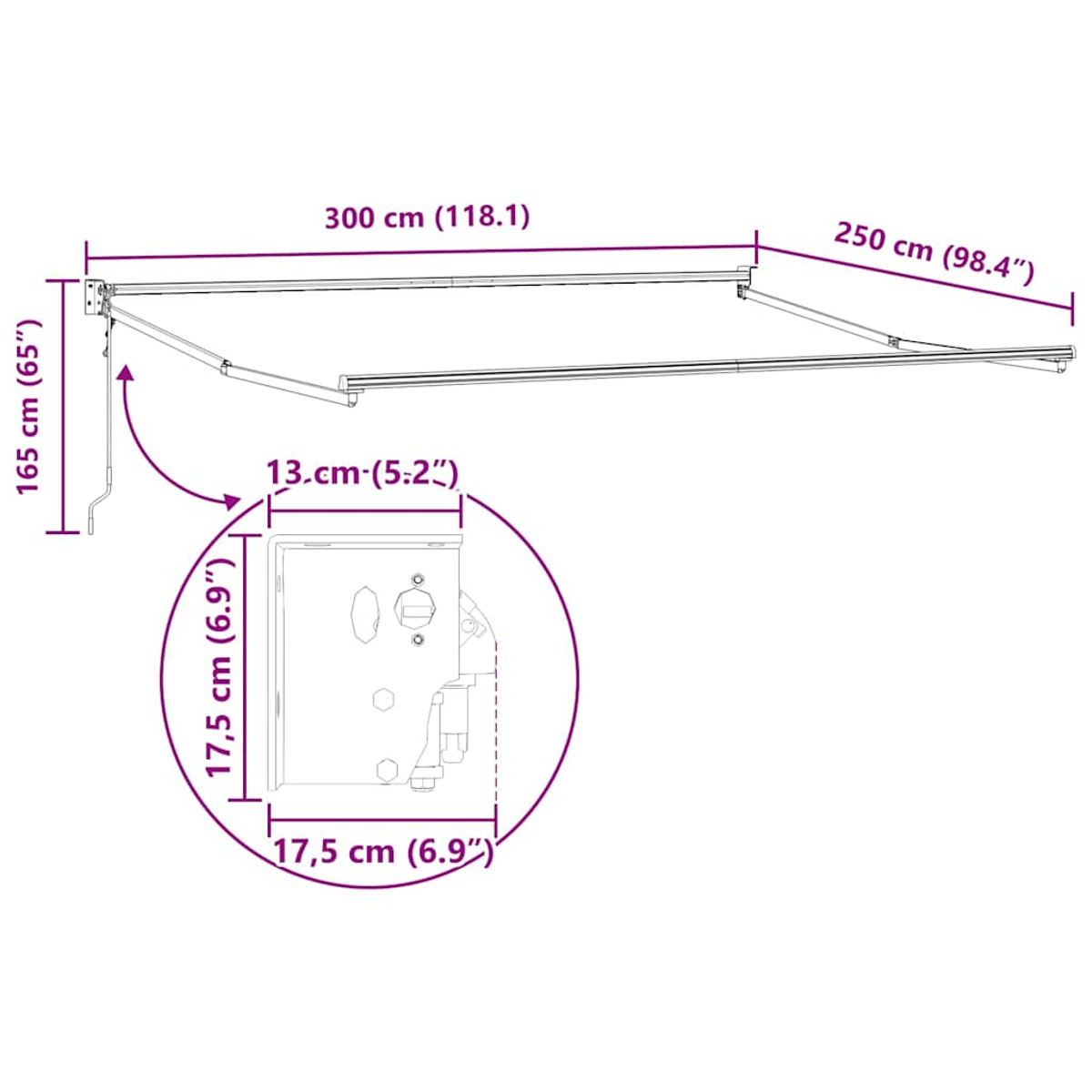 Diagramma di una tenda da sole con dimensioni. Mostra la lunghezza, la larghezza e i dettagli della staffa di montaggio.