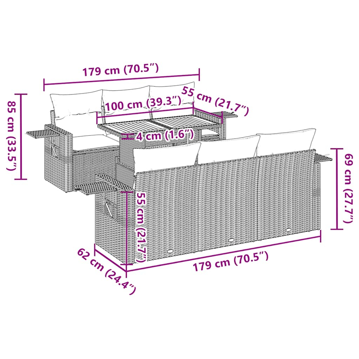 Maßdiagramm eines Outdoor-Ecksofas, Tisch mit Maßen in Zentimetern und Zoll.