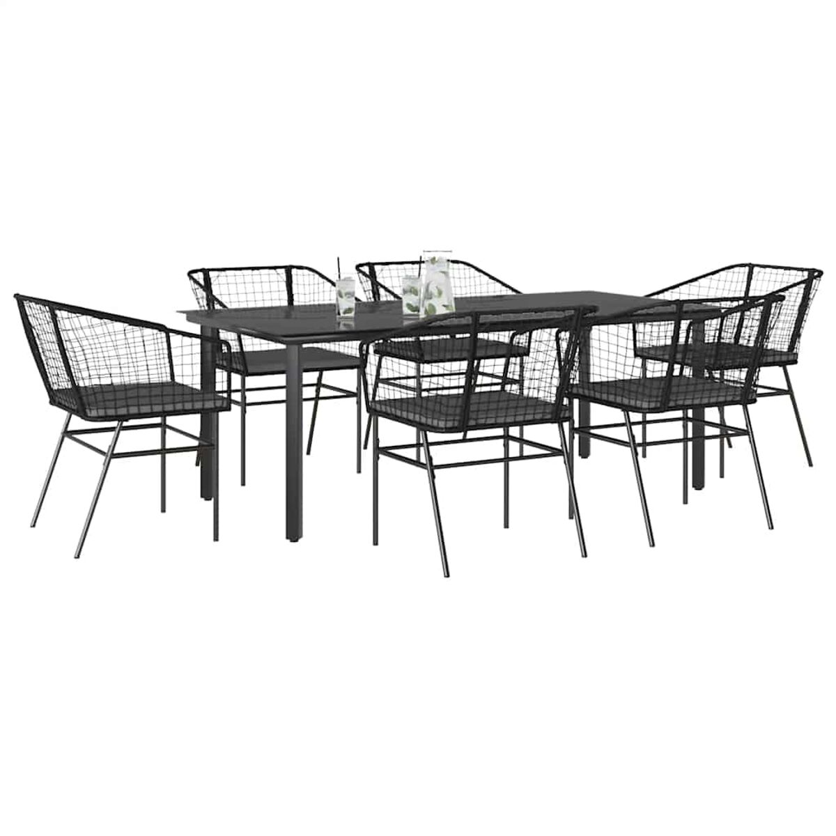 Juego de comedor con sillas negras y mesa negra. Sillas con estructura metálica y respaldo de malla.