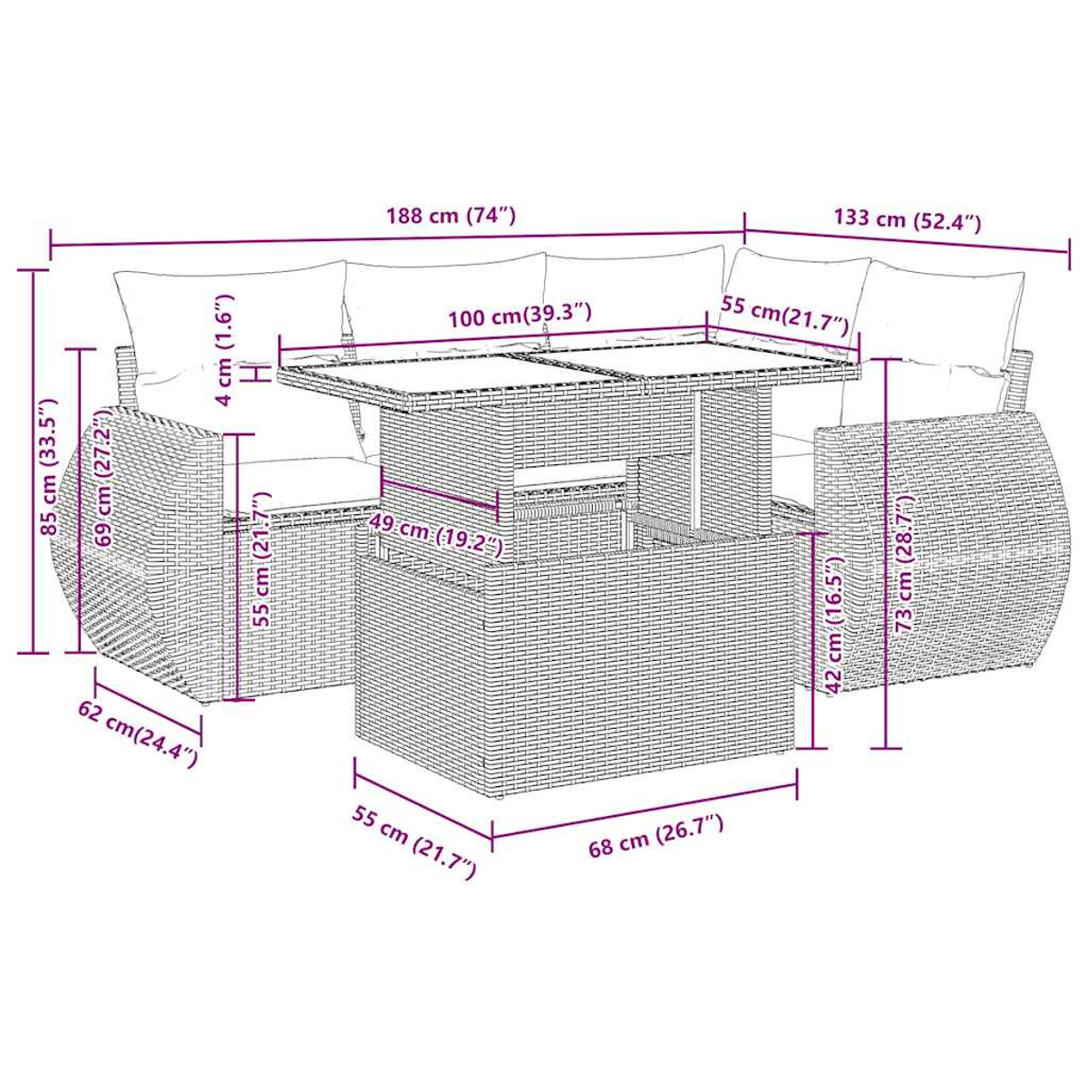 Diagramm von Gartenmöbeln, einschließlich Sofa und Tisch, mit Maßen.