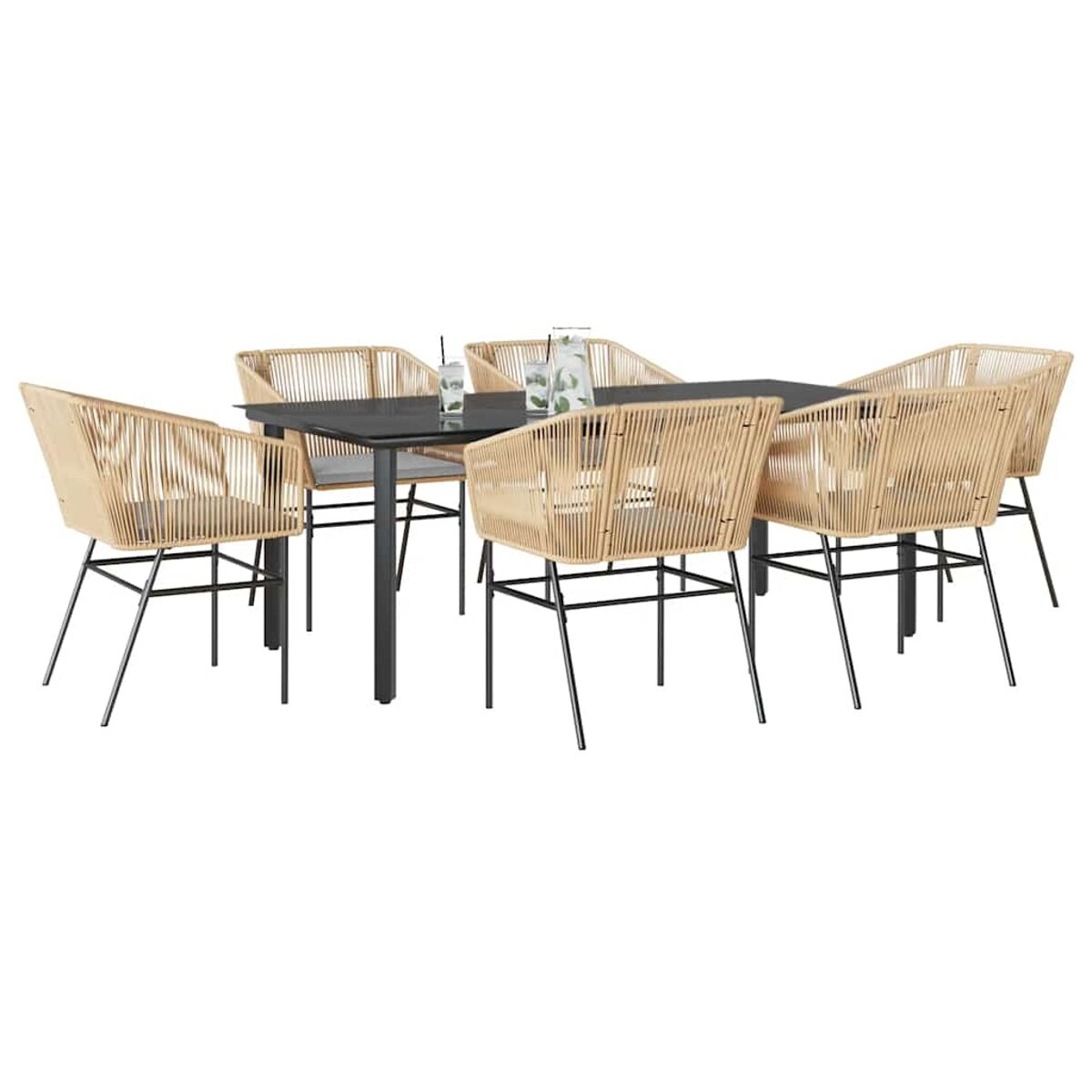 Ein Set aus Gartenmöbeln: Tisch und Stühle. Der Tisch ist schwarz, die Stühle sind beige mit schwarzen Beinen.