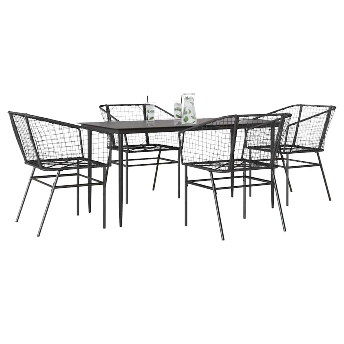 Schwarze Metall-Drahtstühle und Tisch. Stühle haben Drahtlehnen und -sitze. Der Tisch hat eine dunkle Platte.