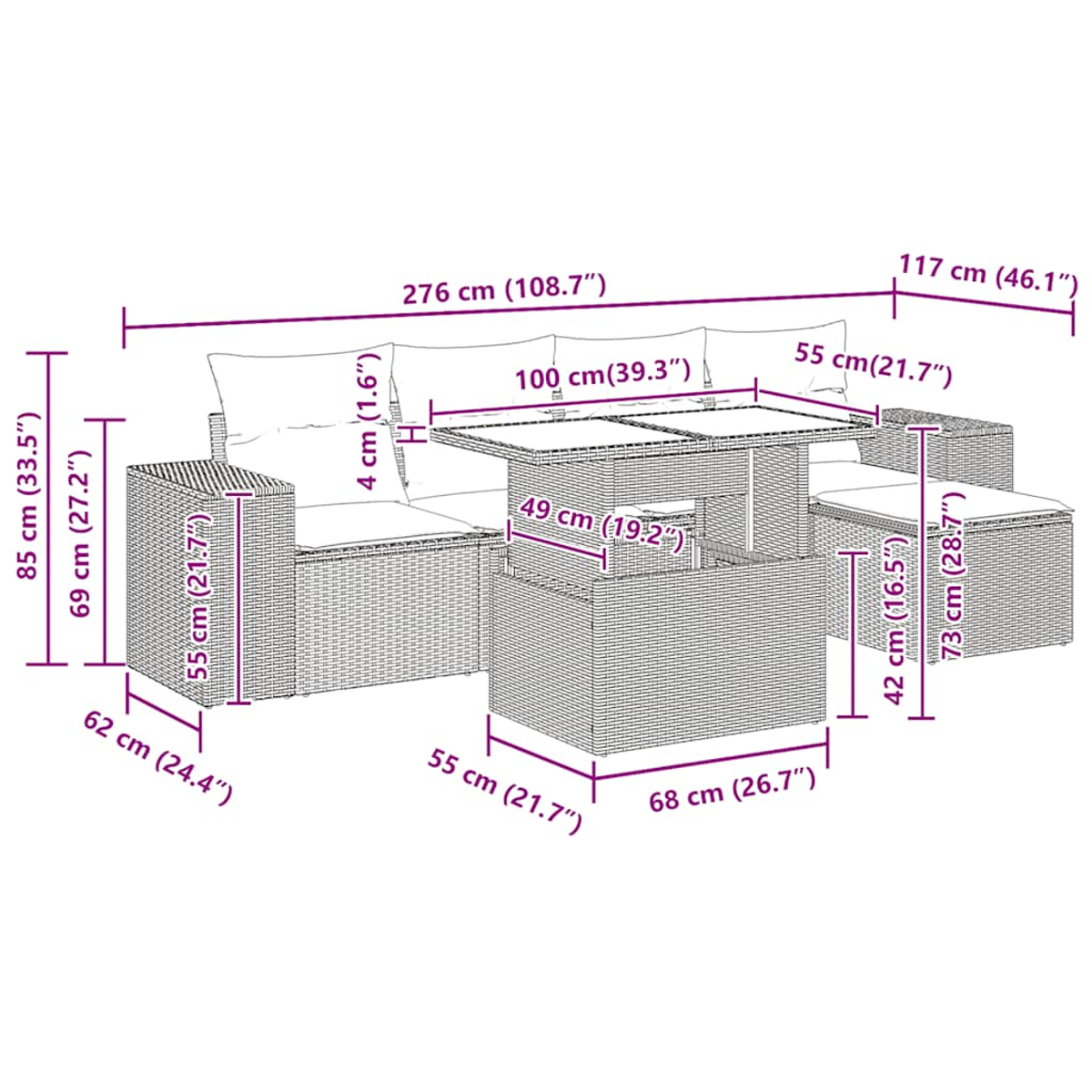 Linienzeichnung zeigt die Abmessungen von Gartenmöbeln. Beinhaltet Sofa, Tisch und Hocker. Aus Webmaterial mit Kissen auf dem Sofa.